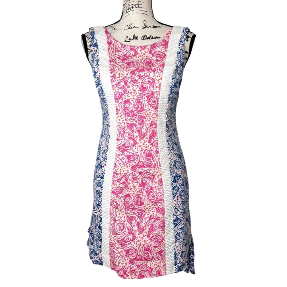 Lilly Pulitzer Delia Indigo Star Crush Shift Dress Size 4 Blue Pink White Cotton - Picture 2 of 9